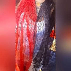 Set of two scarves, sheer threaded design One black/purple, one red/orange
